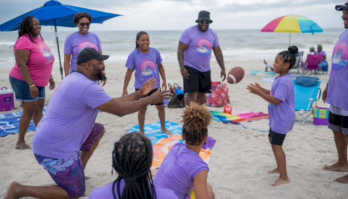 Family wearing custom reunion t-shirts outside