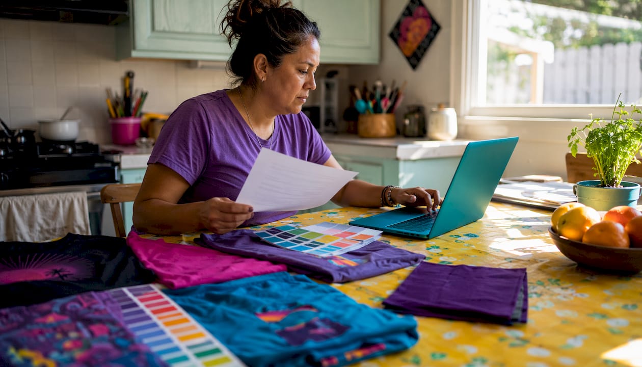 Woman reviewing custom t-shirt prices at home desk