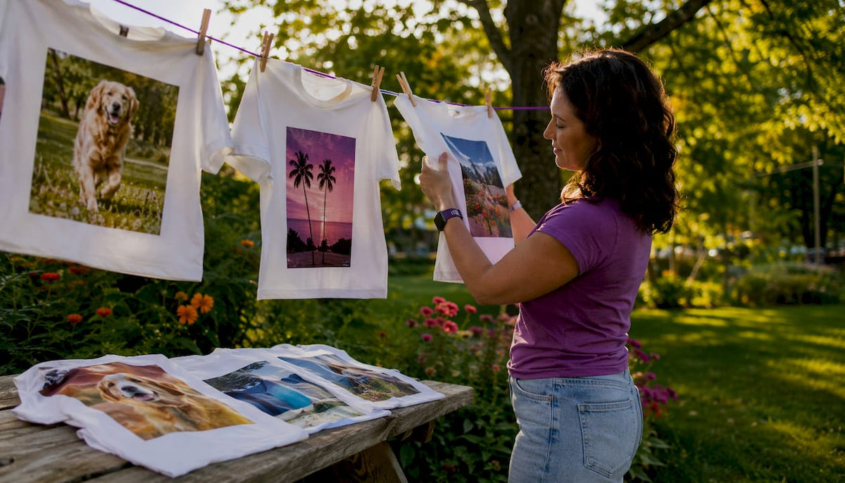Woman inspecting photo-printed t-shirts in shop