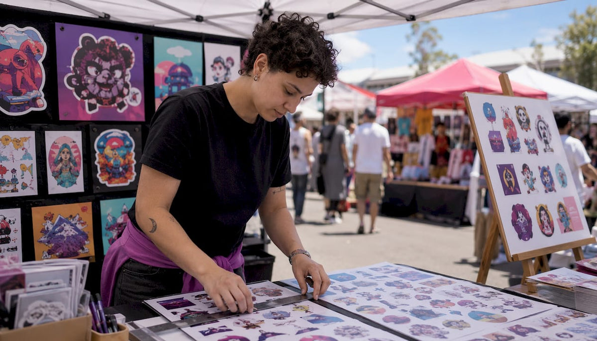 Designer measuring vinyl sticker sheets