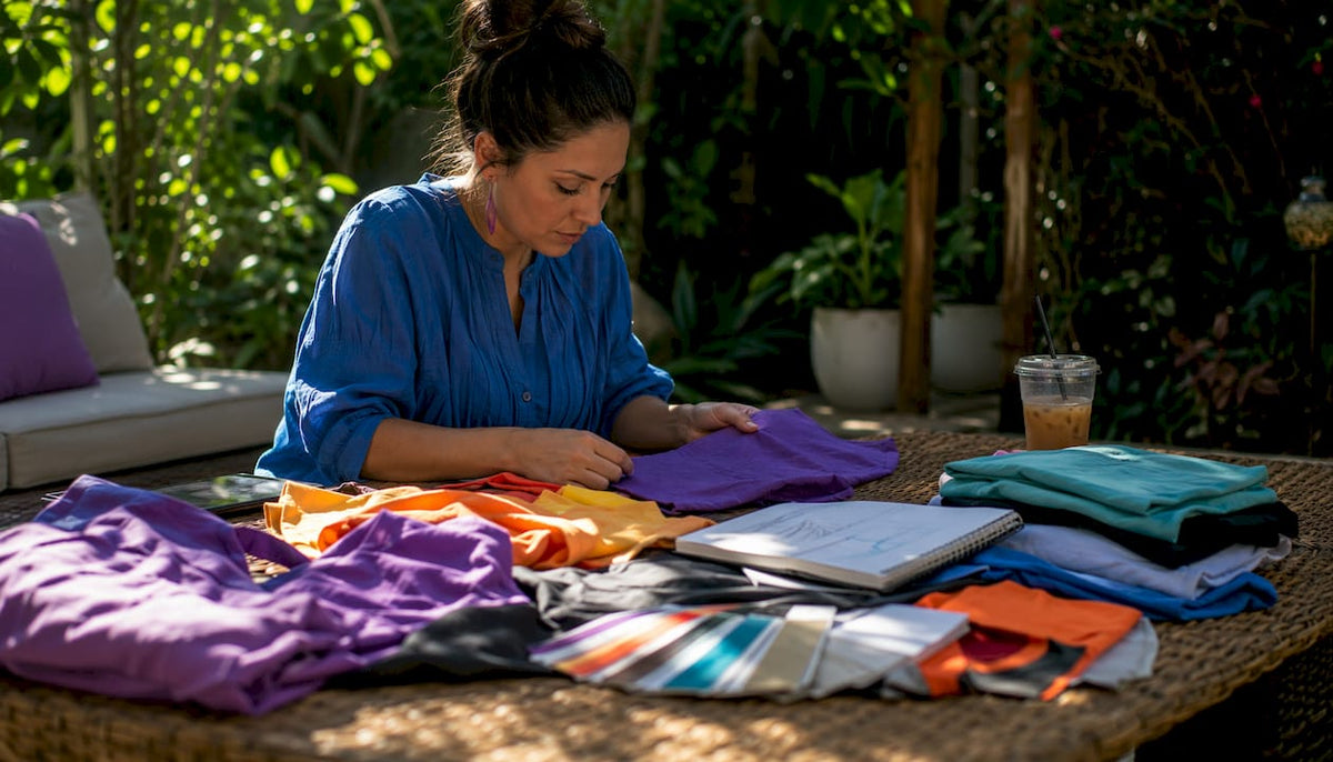 Woman sorting through bulk custom event shirts at home