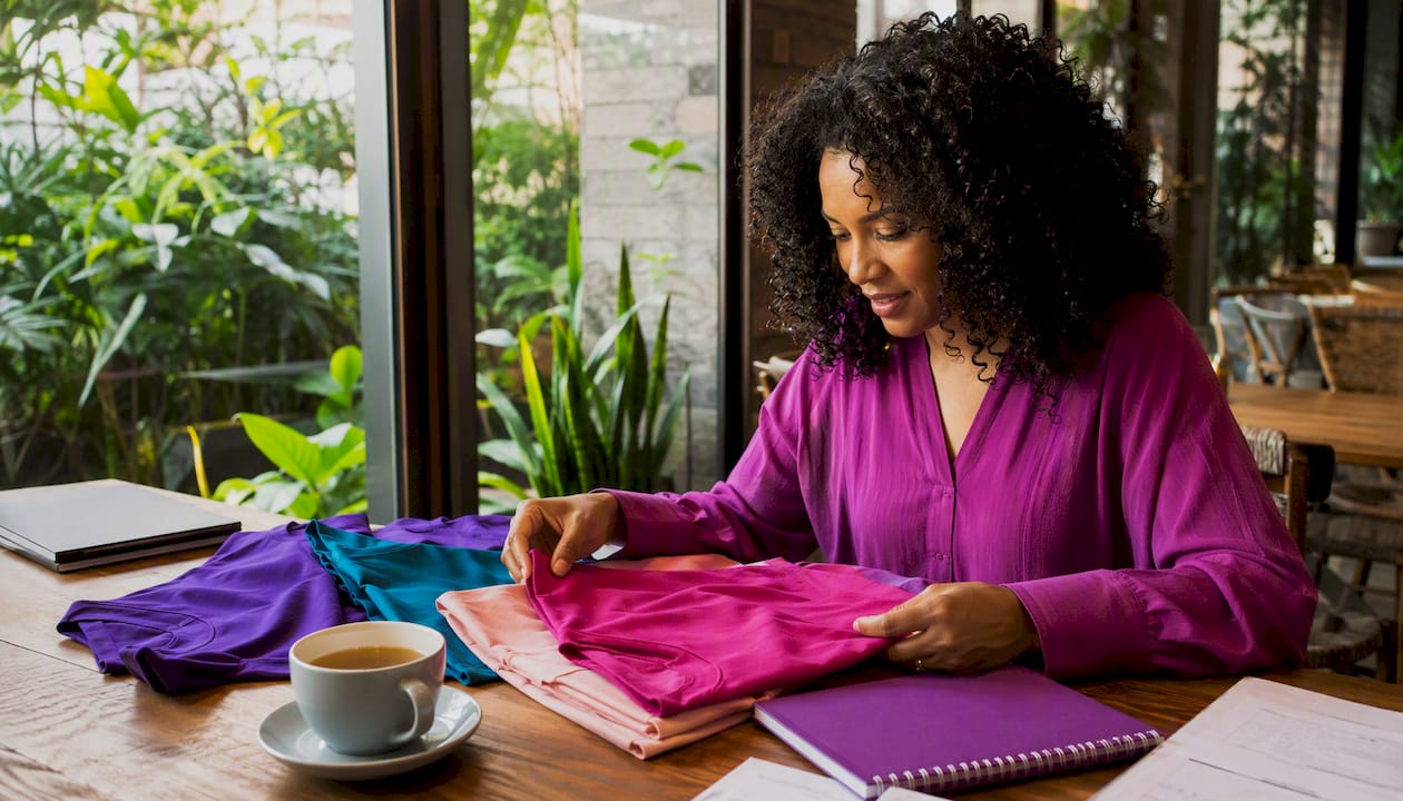 Woman reviewing bulk t-shirt samples at home office