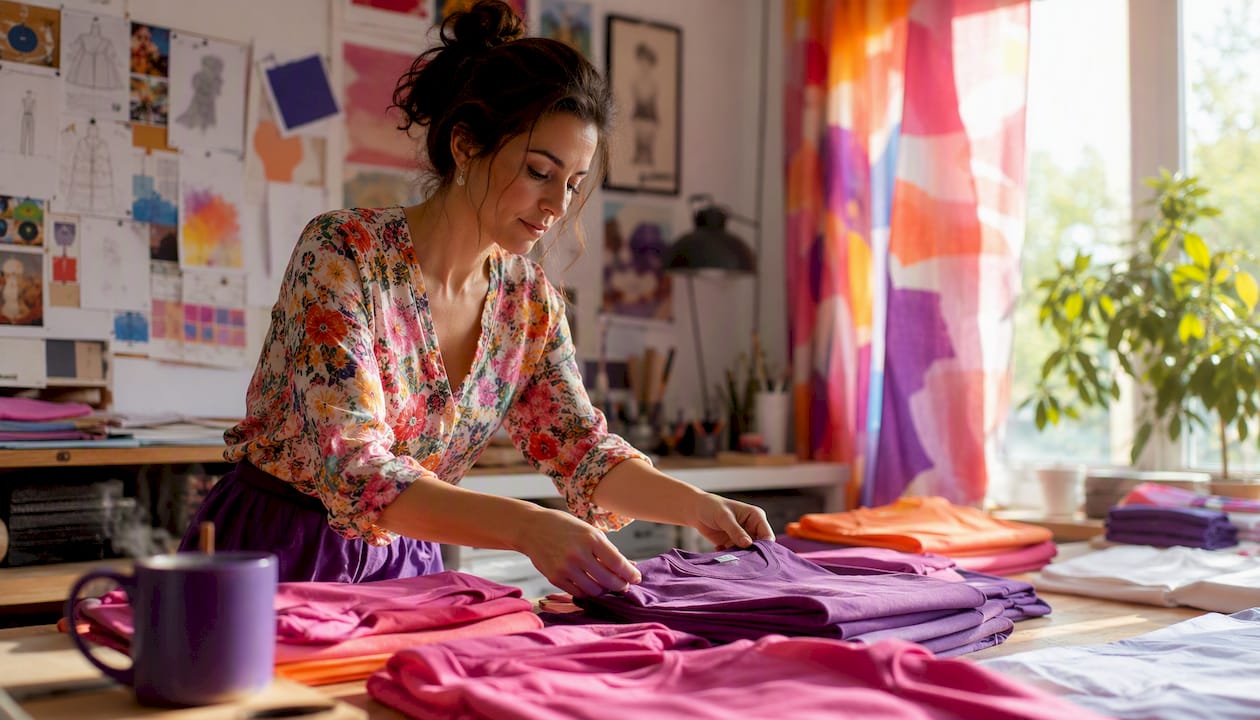 Small business owner organizing custom t-shirts
