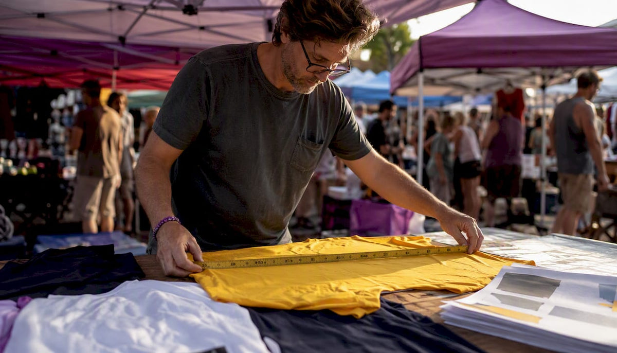 Designer measuring logo placement on shirt
