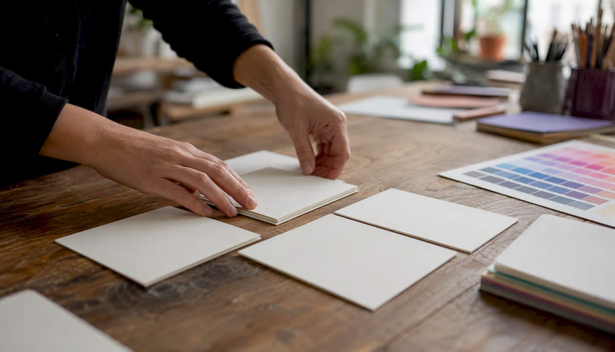Hands arranging invitation cards on table