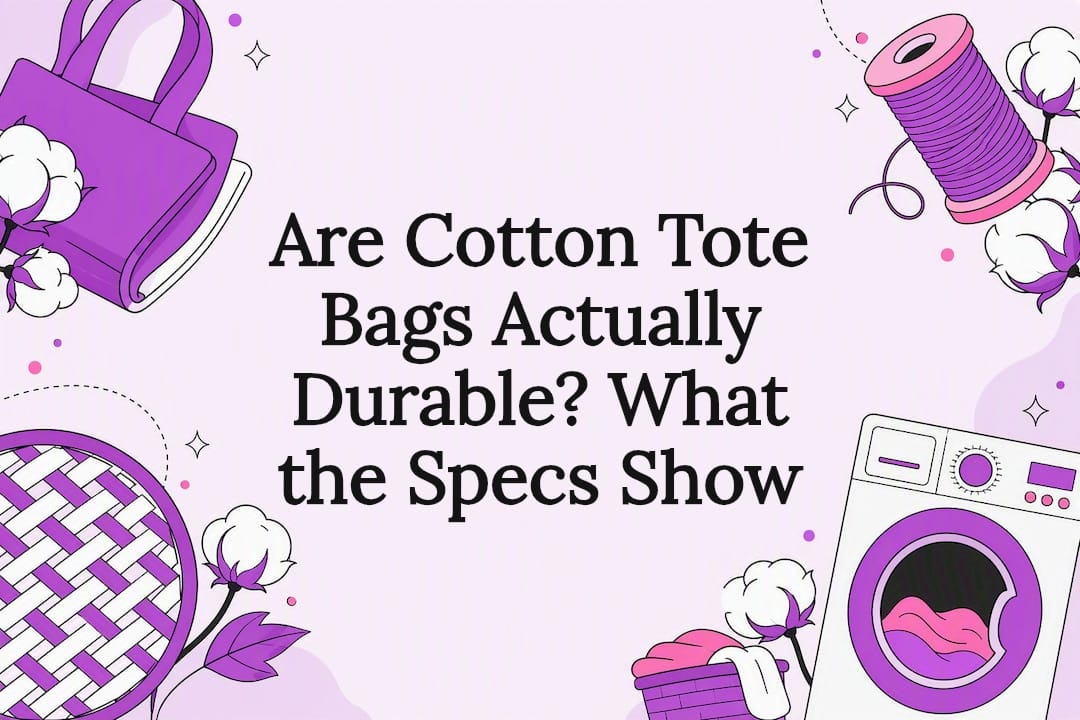 Decorative title card illustrating cotton tote durability
