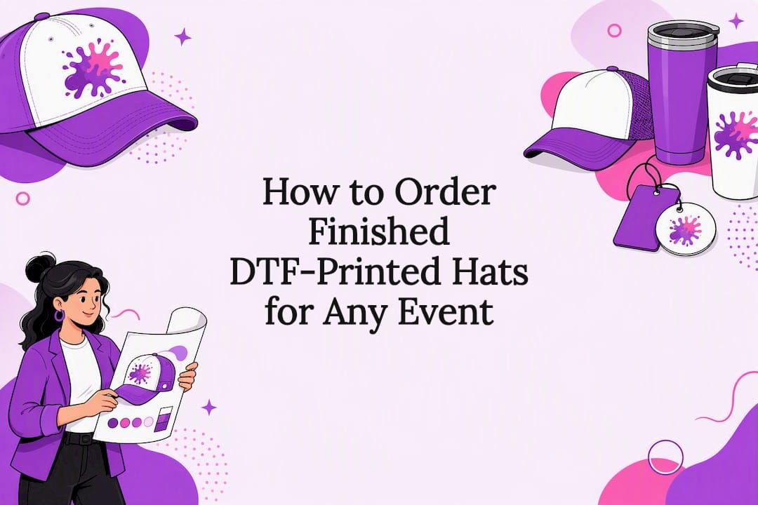 Decorative title card illustration for custom printed hats