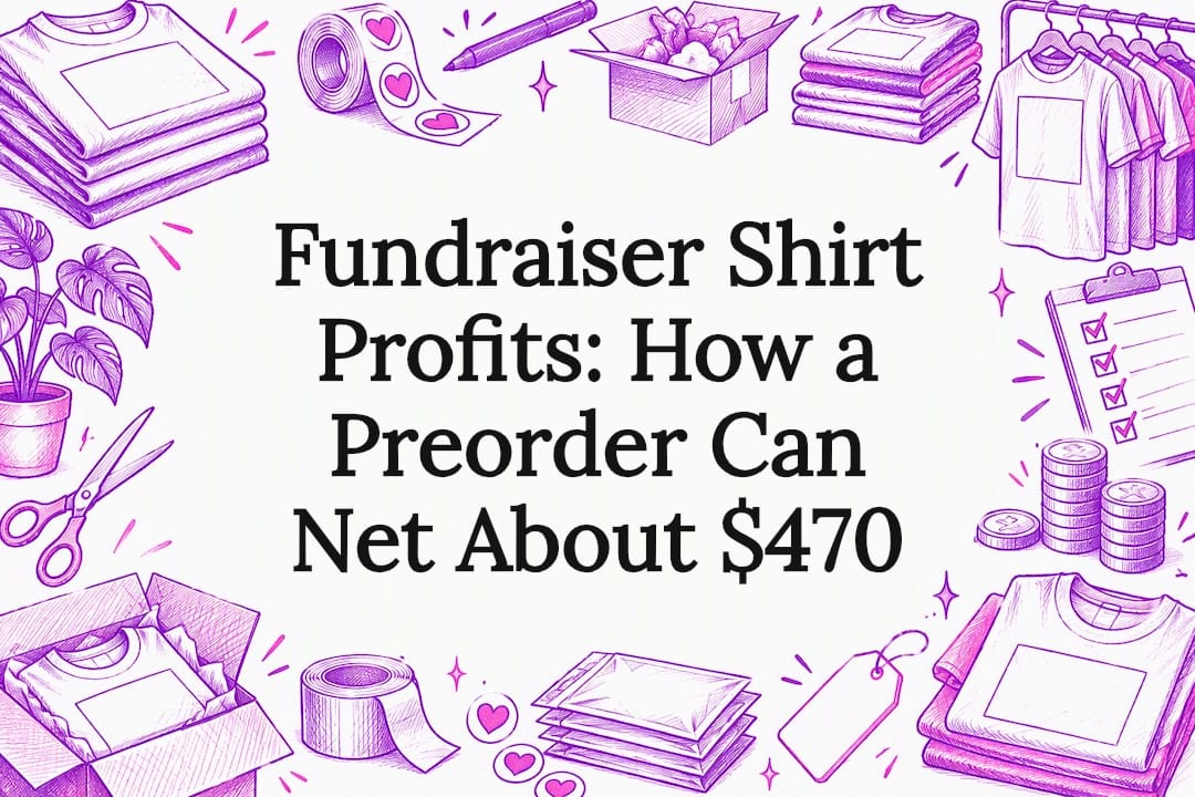 Hand-drawn fundraiser shirt title card