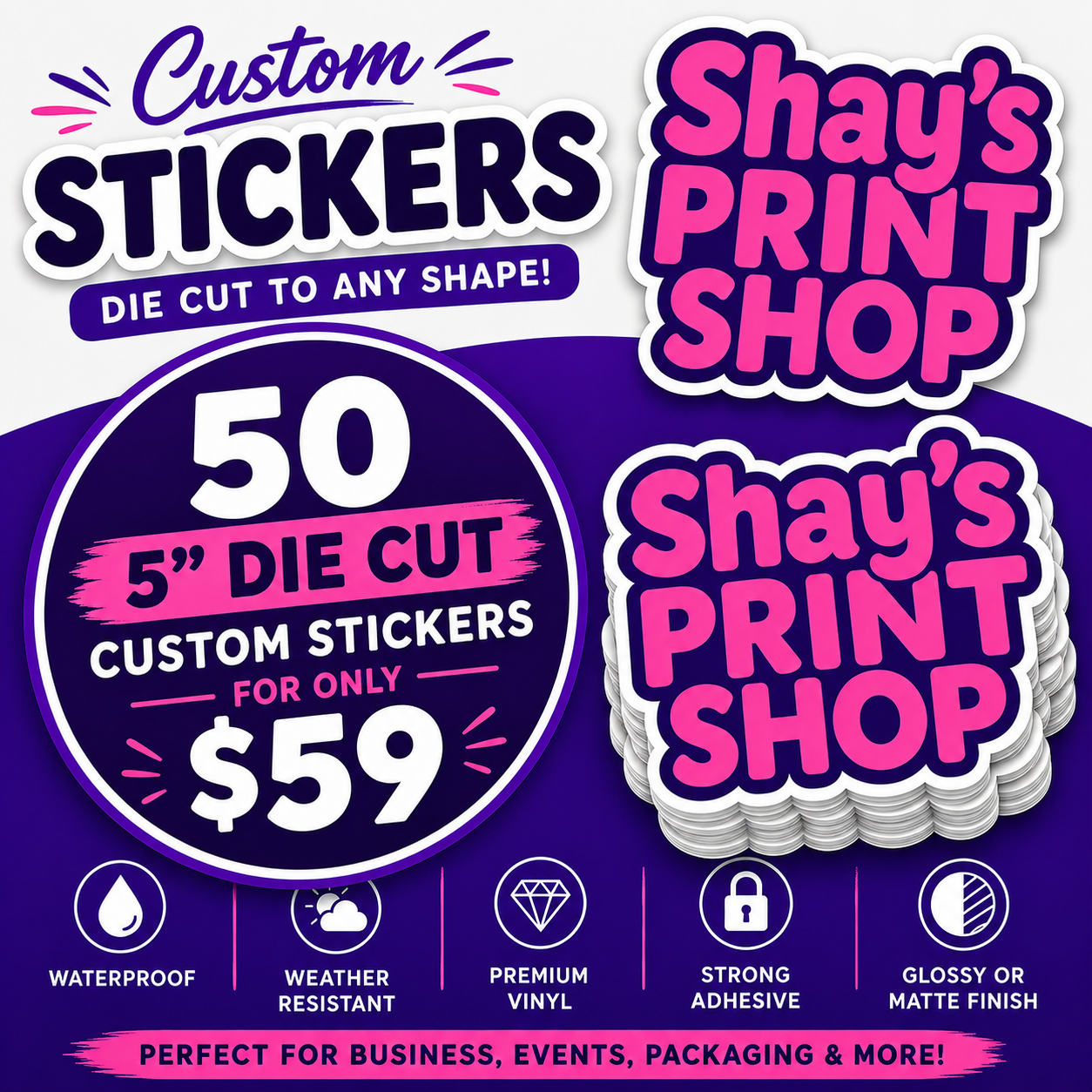 5 Inch Custom Stickers FB | Die Cut, Circle & Square | Glossy | 5" | 50 pack