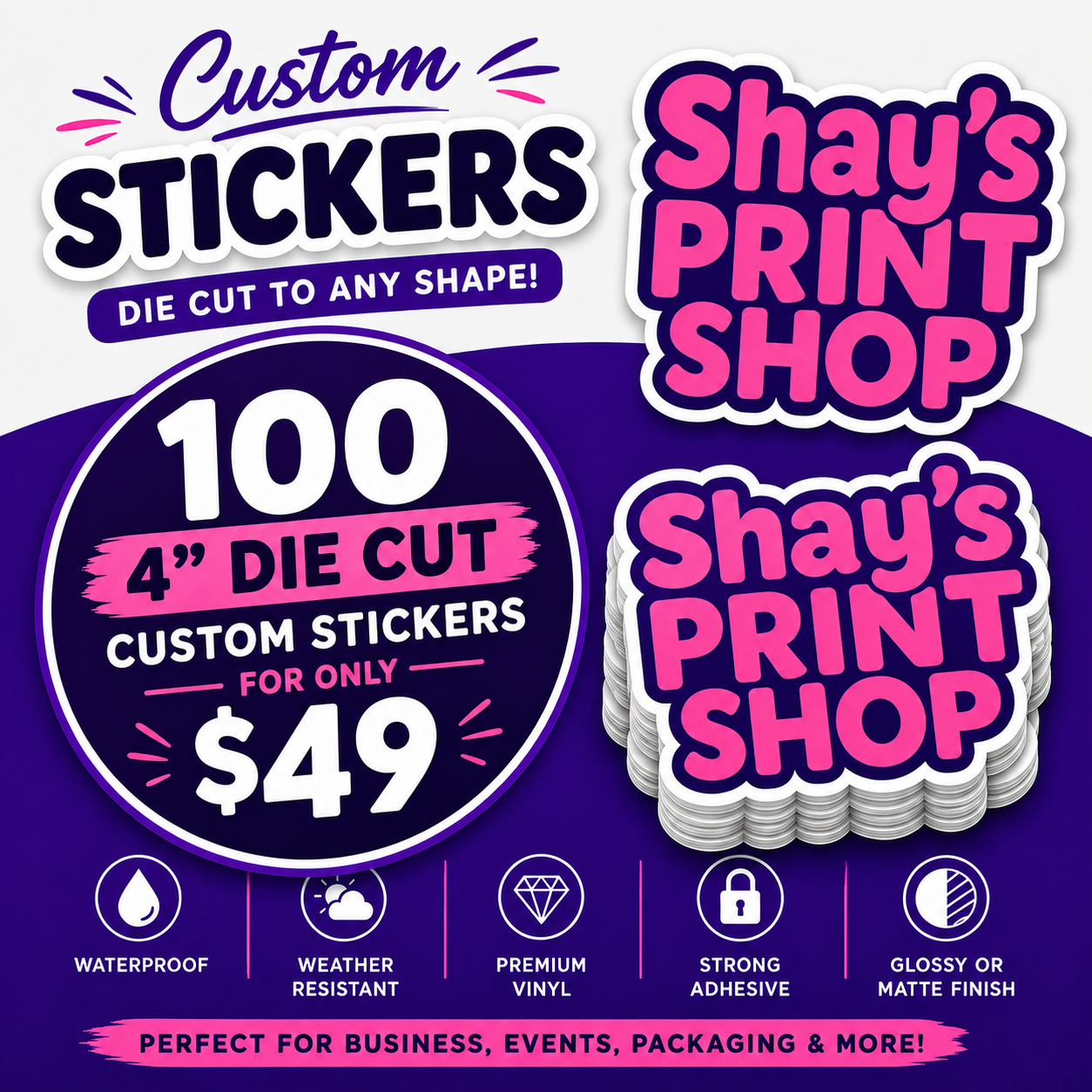 4 Inch Custom Stickers FB | Die Cut, Circle & Square | Glossy | 4" | 100 pack