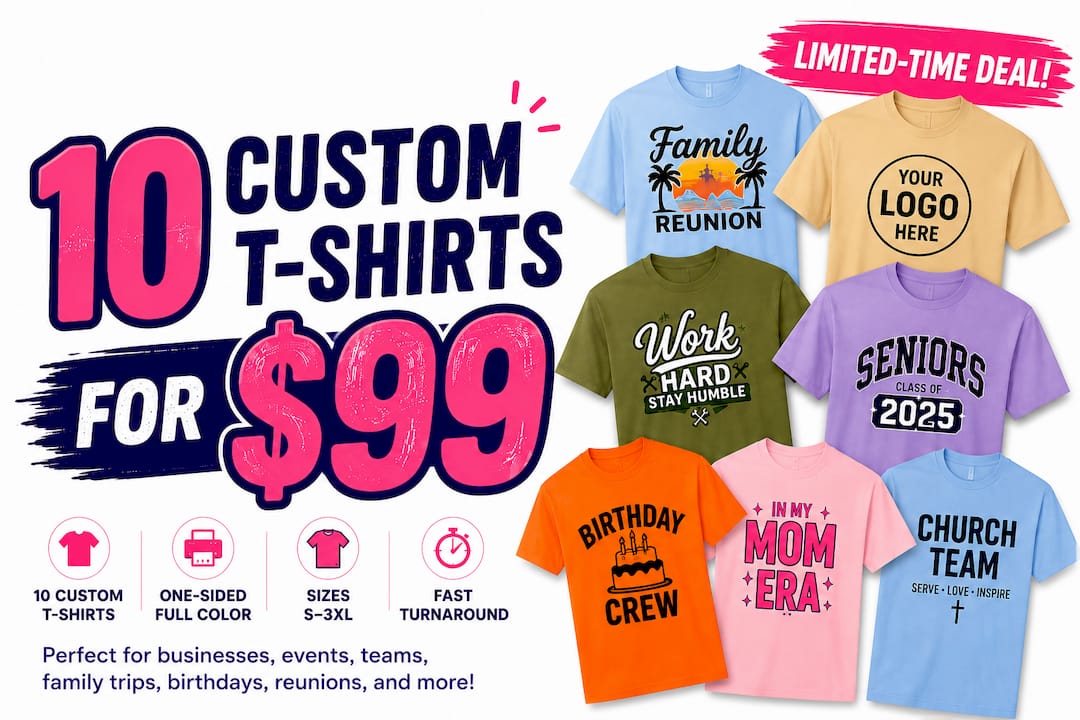 10 custom T-shirts for $99 deal with one-sided full-color printing, sizes S–3XL, and fast turnaround for businesses, events, teams, birthdays, and family reunions.”
